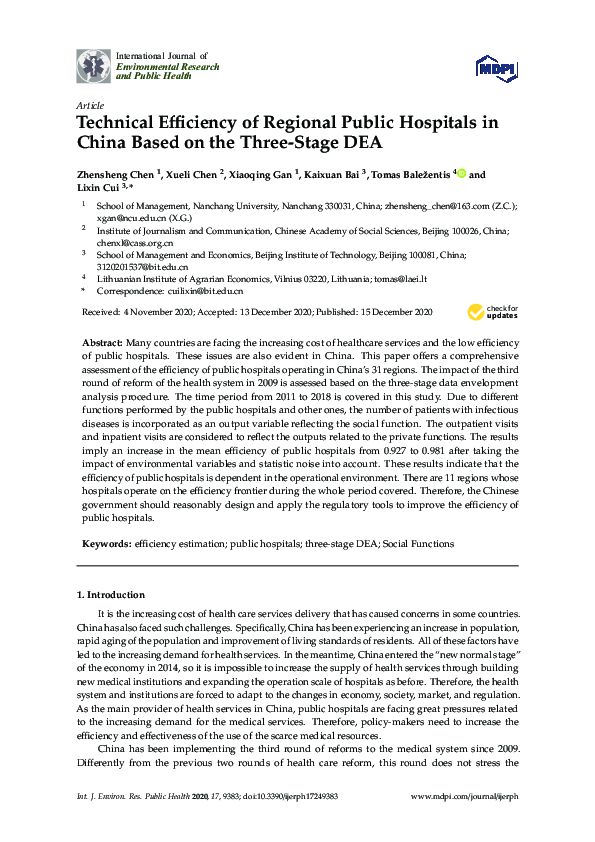 (PDF) Technical Efficiency of Regional Public Hospitals in China Based ...