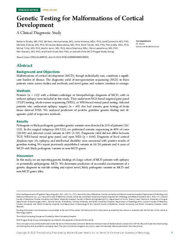 (PDF) Genetic Testing for Malformations of Cortical Development