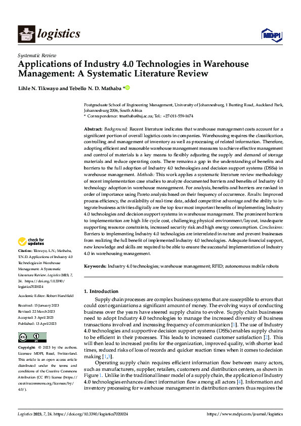 (PDF) Applications of Industry 4.0 Technologies in Warehouse Management ...