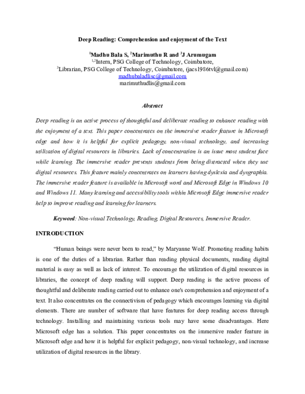 (DOC) Deep Reading: Comprehension and enjoyment of the Text