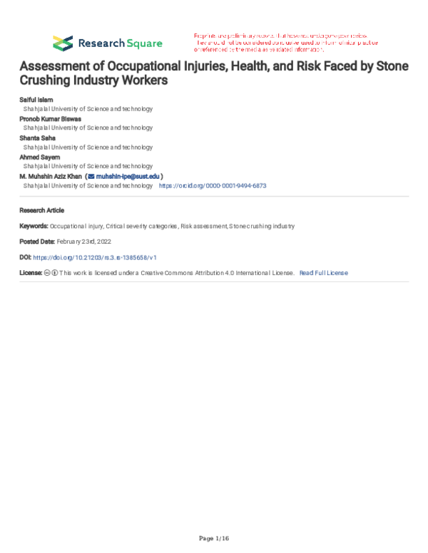(PDF) Assessment of Occupational Injuries, Health, and Risk Faced by ...