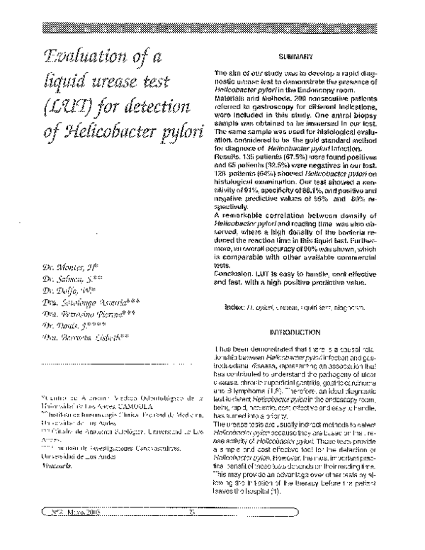 (PDF) Evaluation of a liquid urease test (LUT) for detection of ...