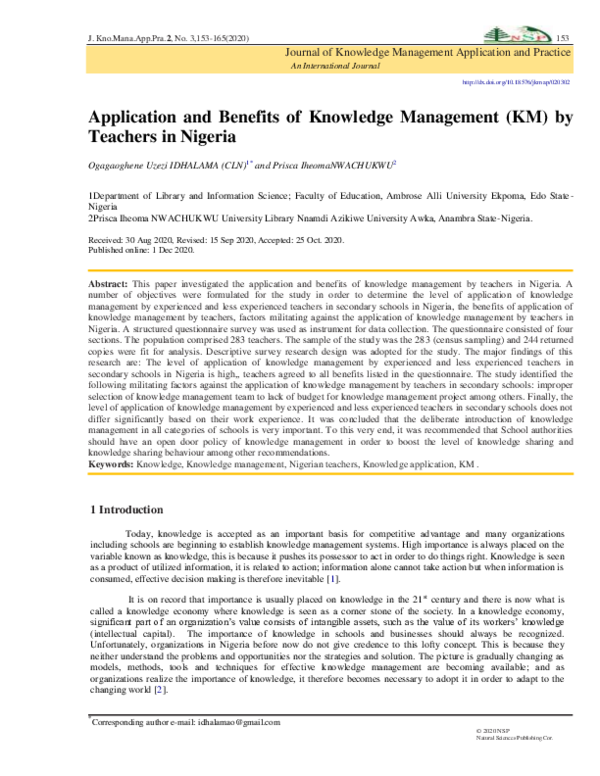 (PDF) Application and Benefits of Knowledge Management (KM) by Teachers ...