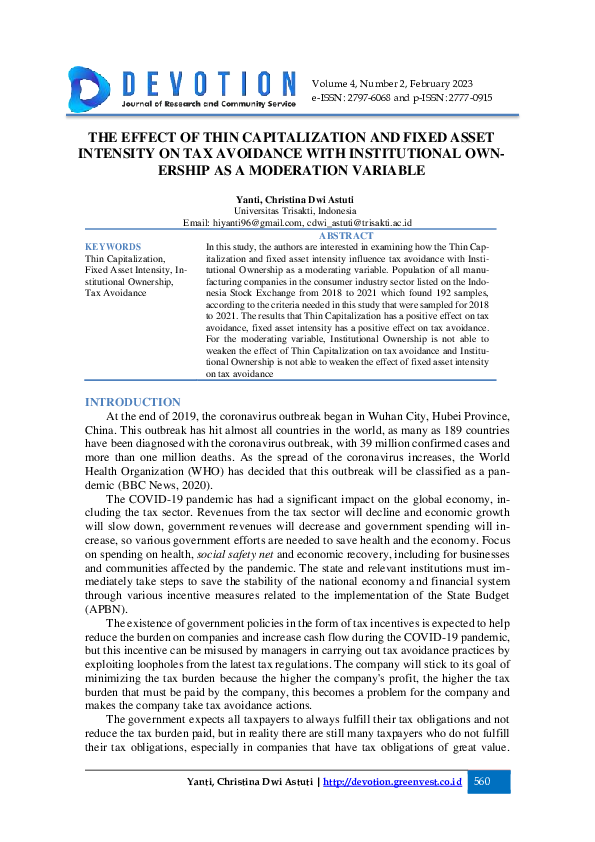 (PDF) The Effect of Thin Capitalization and Fixed Asset Intensity On ...