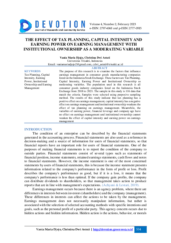(PDF) The Effect of Tax Planning, Capital Intensity and Earning Power ...