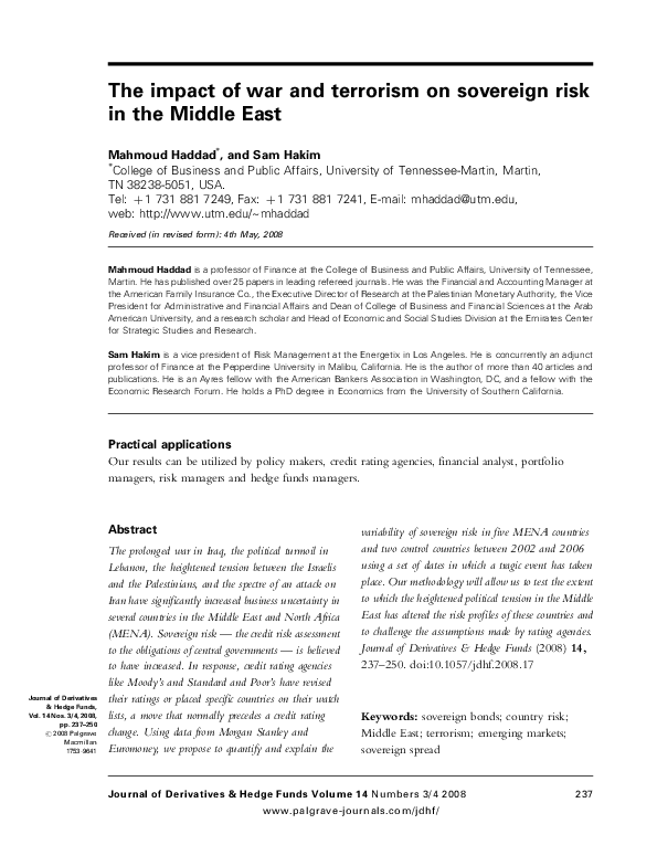 (PDF) The impact of war and terrorism on sovereign risk in the Middle East