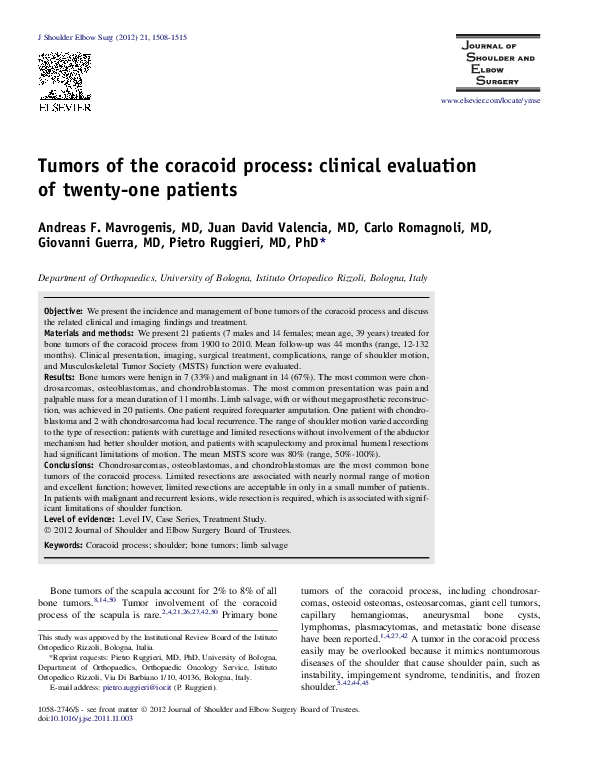 (PDF) Tumors of the coracoid process: clinical evaluation of twenty-one ...