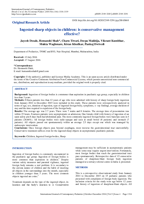 (PDF) Ingested sharp objects in children: is conservative management ...