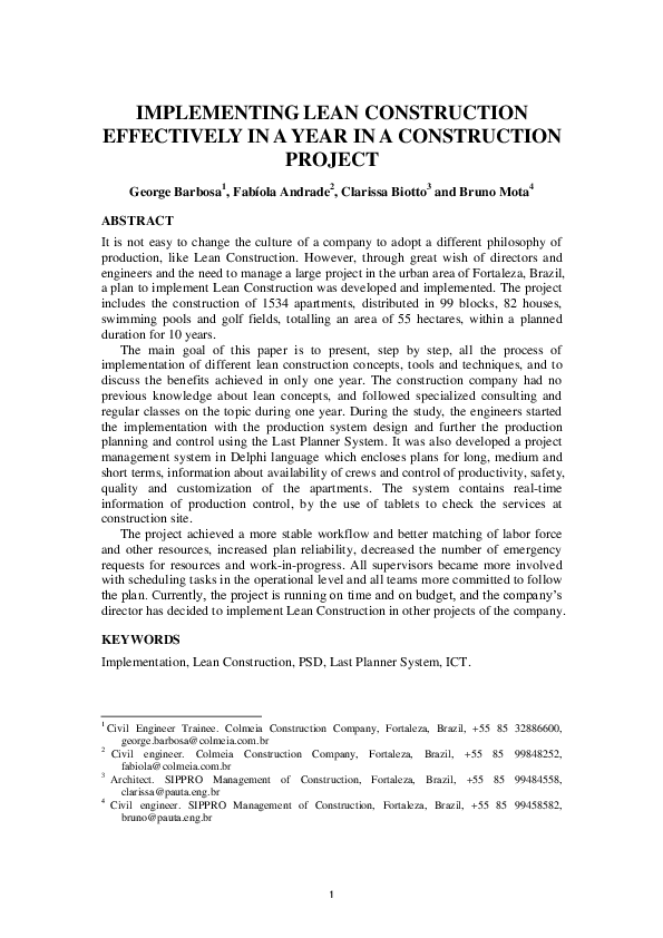 (PDF) Implementing Lean Construction Effectively in a Year in a ...