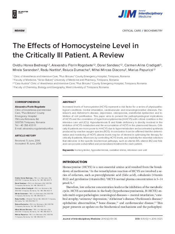 (PDF) The Effects of Homocysteine Level in the Critically Ill Patient