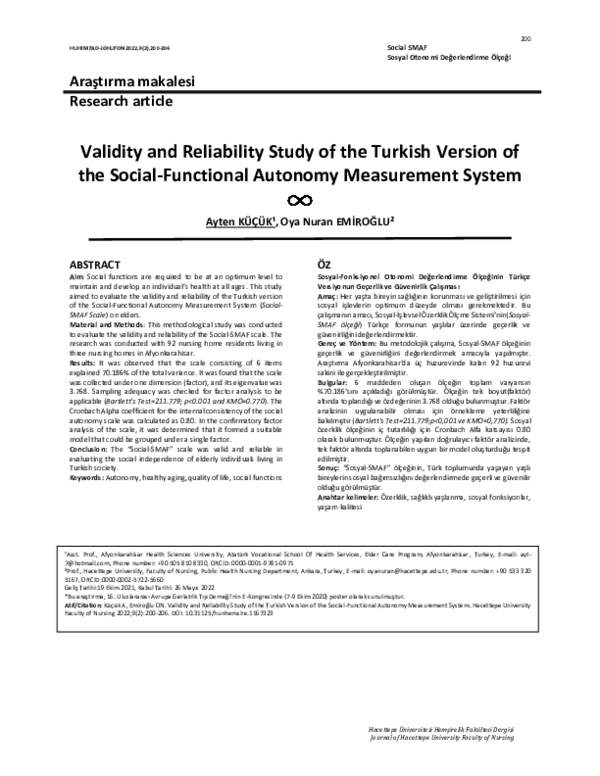 (PDF) Sosyal-Fonksiyonel Otonomi Değerlendirme Ölçeğinin Türkçe ...