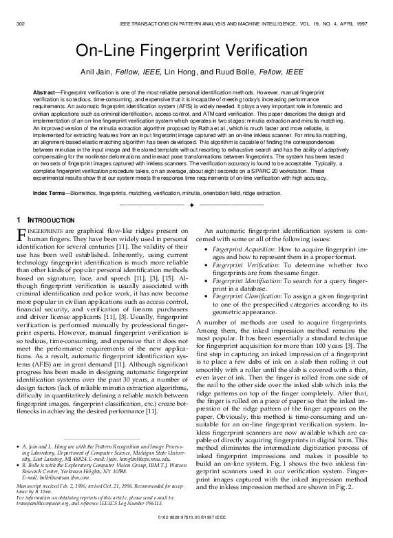 (PDF) On-line fingerprint verification