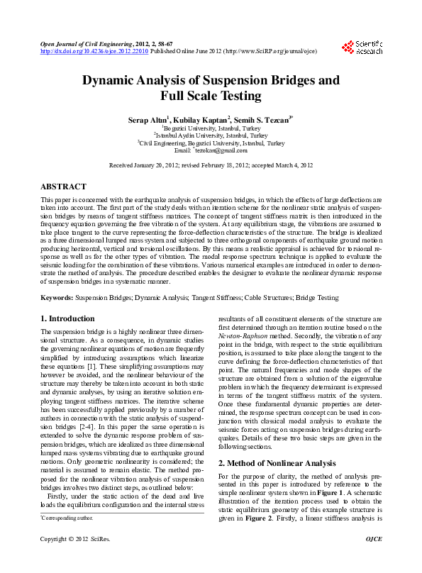(PDF) Dynamic Analysis of Suspension Bridges and Full Scale Testing