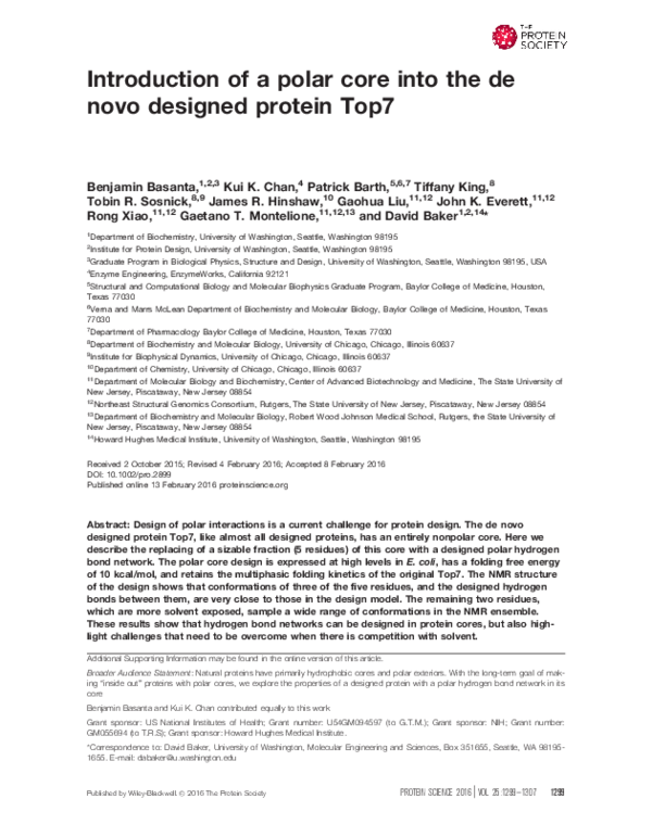 (PDF) Introduction of a polar core into the de novo designed protein Top7