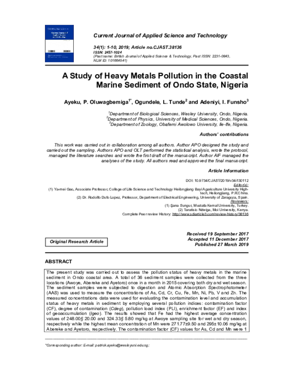 (PDF) A Study of Heavy Metals Pollution in the Coastal Marine Sediment ...
