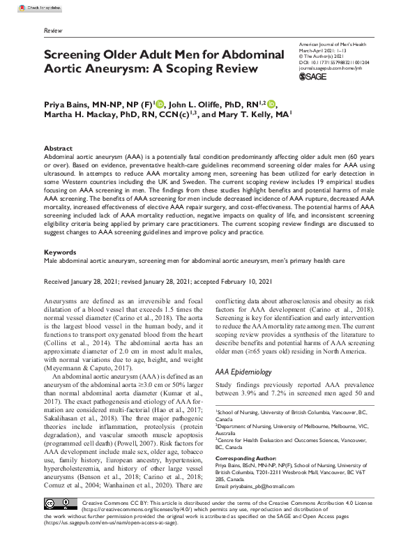 (PDF) Screening Older Adult Men for Abdominal Aortic Aneurysm: A ...