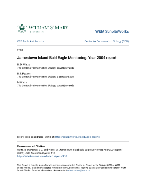 (PDF) Jamestown Island Bald Eagle Monitoring: Year 2004 Report | Bryan