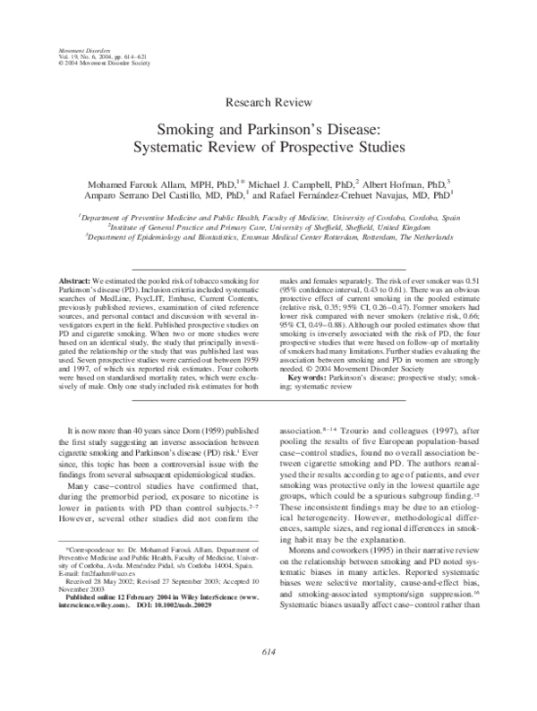 (PDF) Smoking and Parkinson's disease Systematic review of prospective