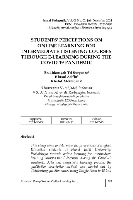 (PDF) Students' Perceptions on Online Learning for Intermediate ...
