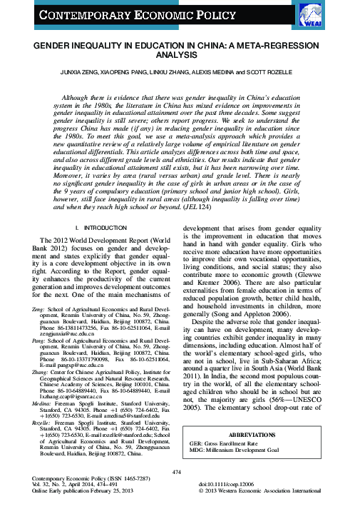 (PDF) Gender Inequality in Education in China: A Meta-Regression Analysis