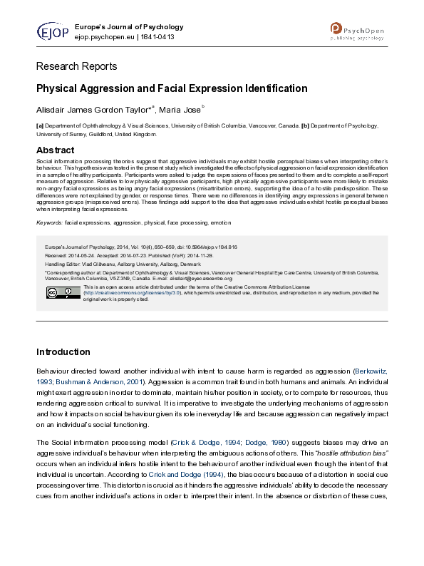 (PDF) Physical Aggression and Facial Expression Identification