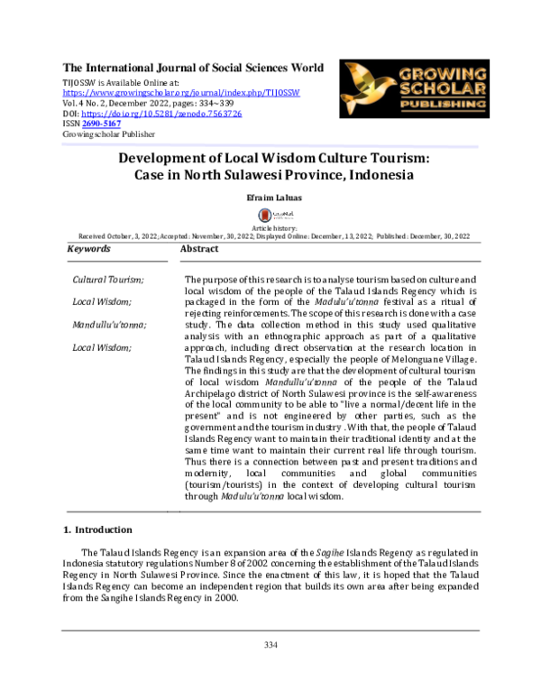 (PDF) Development of local wisdom culture tourism: Case in north ...