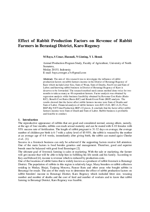 (PDF) Effect of Rabbit Production Factors on Revenue of Rabbit Farmers ...