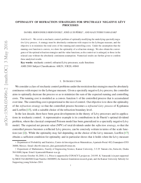 (PDF) Optimality of Refraction Strategies for Spectrally Negative Lévy ...
