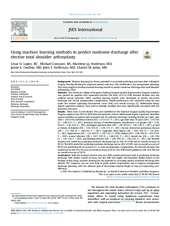 (PDF) Using machine learning methods to predict nonhome discharge after ...