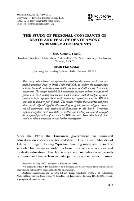 (PDF) The Study of Personal Constructs of Death and Fear of Death Among ...