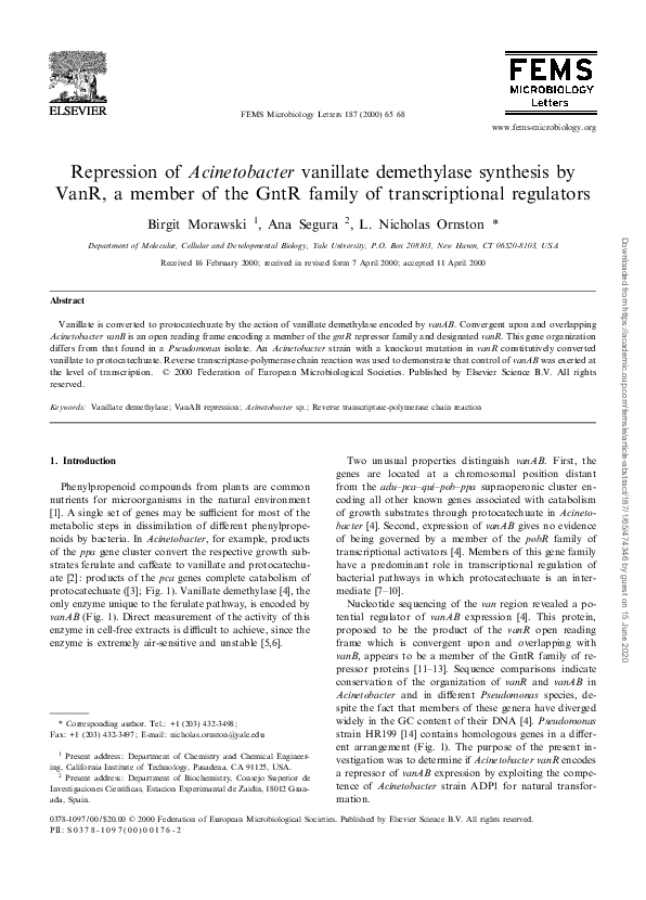 (PDF) Repression of Acinetobacter vanillate demethylase synthesis by ...