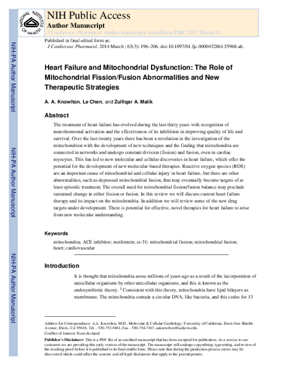 (PDF) Heart Failure and Mitochondrial Dysfunction
