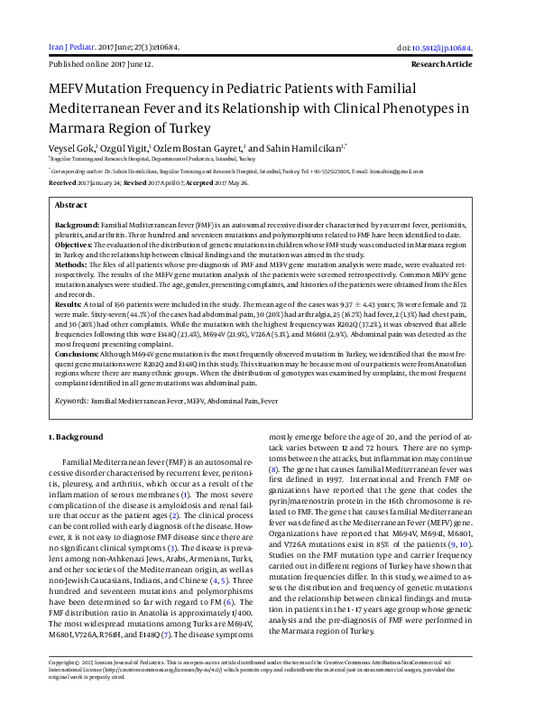 (PDF) MEFV Mutation Frequency in Pediatric Patients with Familial ...