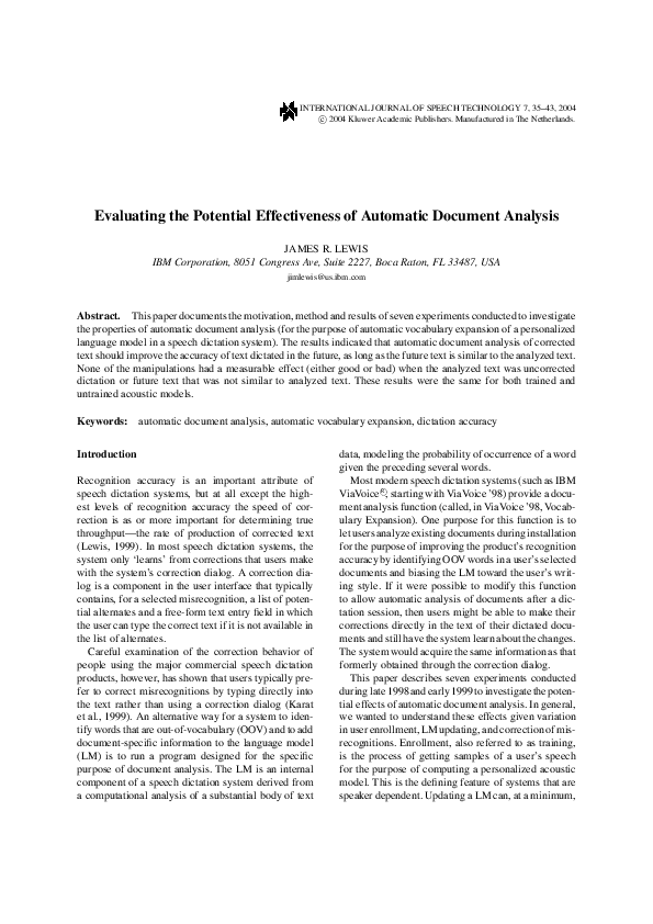 (PDF) Evaluating the Potential Effectiveness of Automatic Document Analysis
