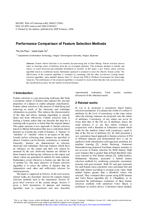 (PDF) Performance Comparison of Feature Selection Methods