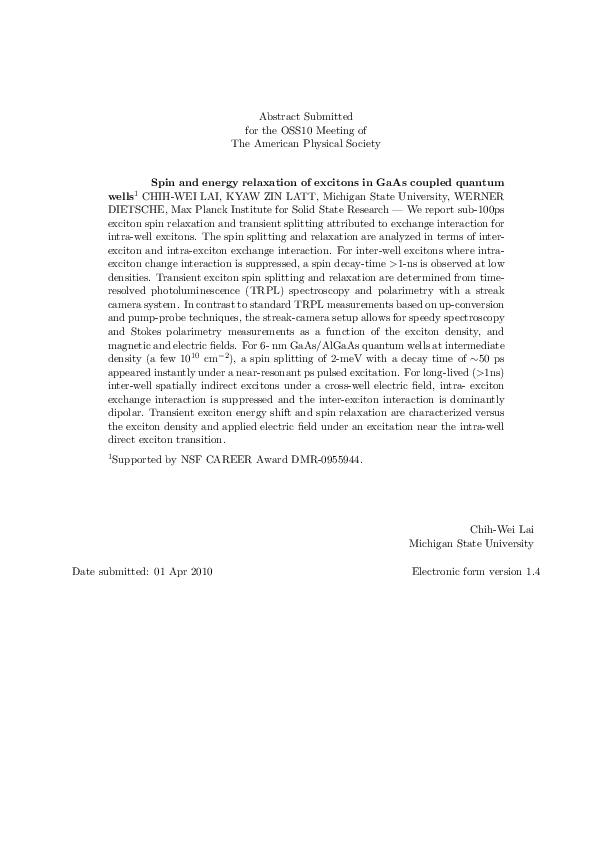 (PDF) Spin and energy relaxation of excitons in GaAs coupled quantum wells