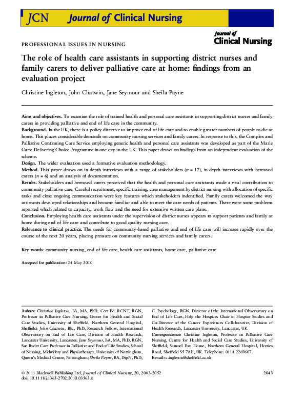 (PDF) The role of health care assistants in supporting district nurses ...