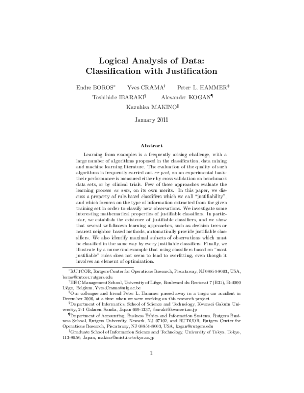 (PDF) Logical analysis of data classification with justification