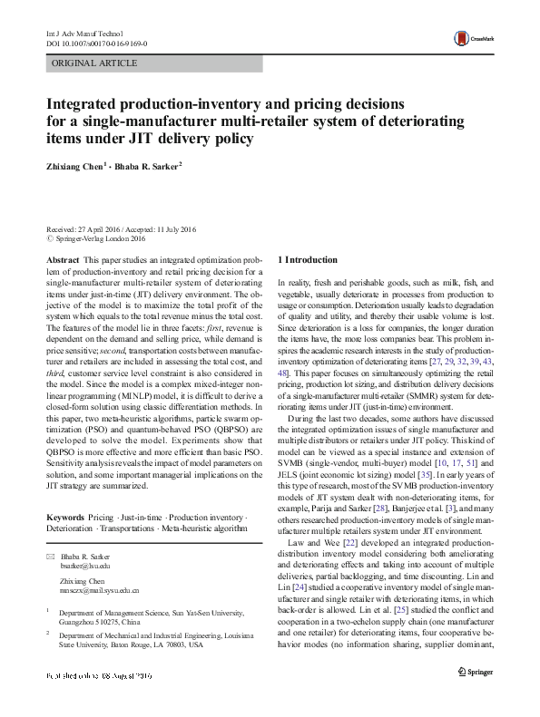(PDF) Integrated production-inventory and pricing decisions for a ...