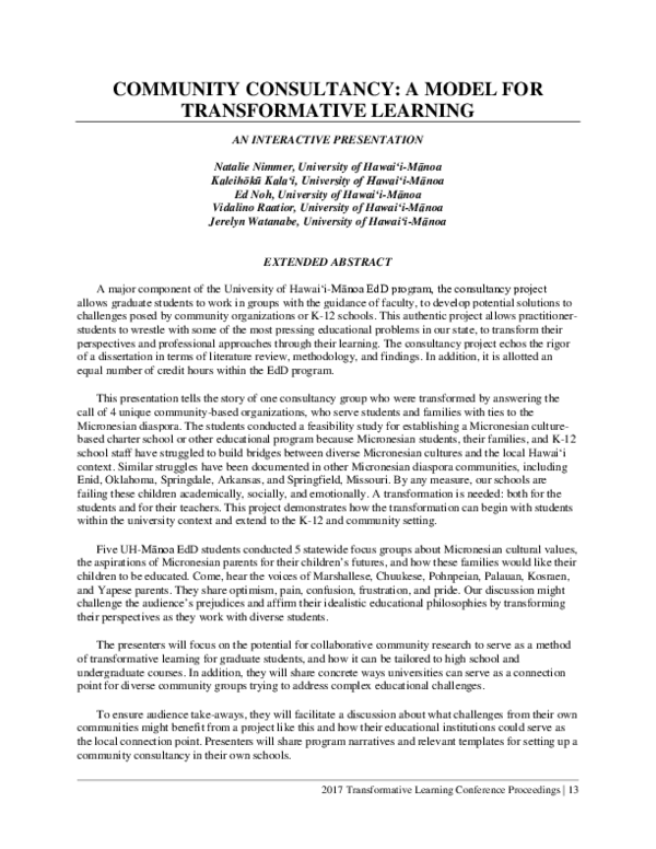 (PDF) Community Consultancy: A Model for Transformative Learning
