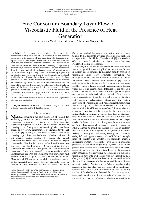 (PDF) Free Convection Boundary Layer Flow Of A Viscoelastic Fluid In ...