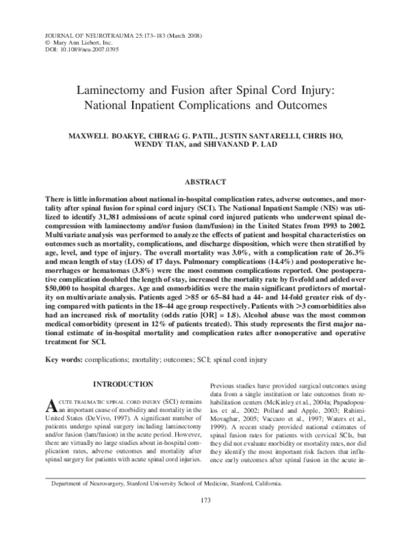 (PDF) Laminectomy and Fusion after Spinal Cord Injury: National ...