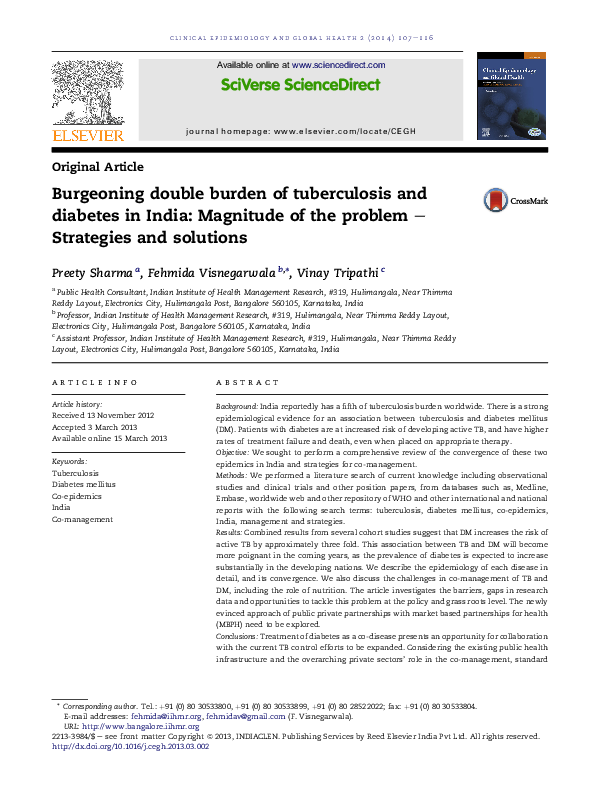(PDF) Burgeoning double burden of tuberculosis and diabetes in India ...