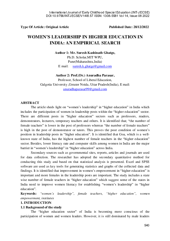 (PDF) WOMEN’S LEADERSHIP IN HIGHER EDUCATION IN INDIA: AN EMPIRICAL SEARCH