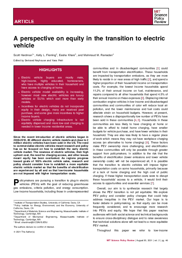 (PDF) A perspective on equity in the transition to electric vehicle