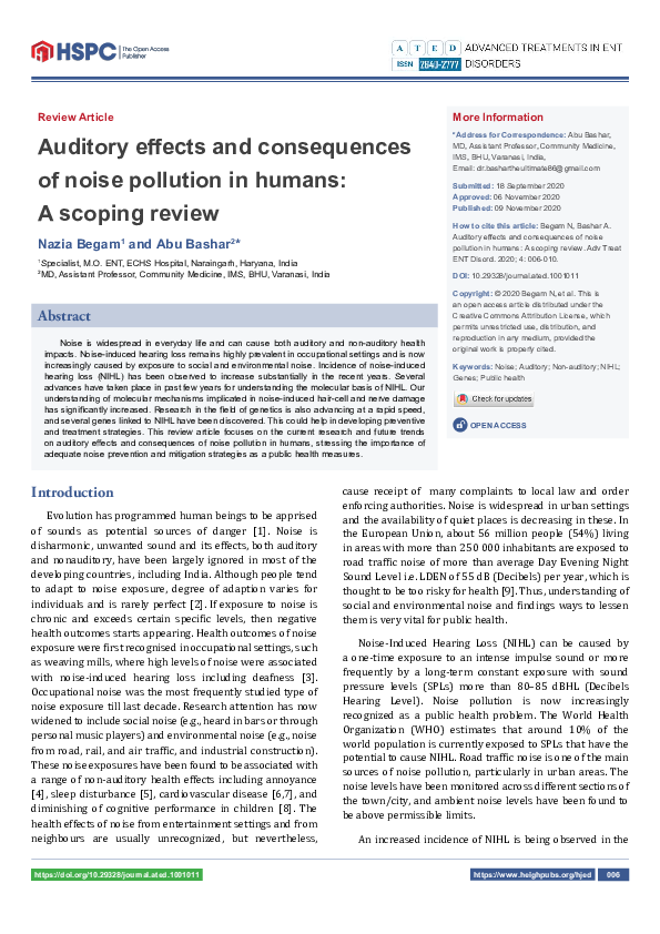 (PDF) Auditory effects and consequences of noise pollution in humans: A ...