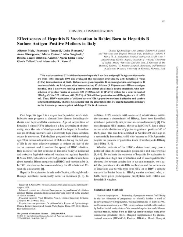 (PDF) Effectiveness of Hepatitis B Vaccination in Babies Born to ...
