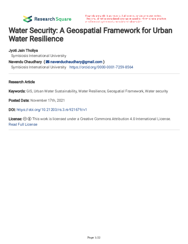 (PDF) Water Security: A Geospatial Framework for Urban Water Resilience