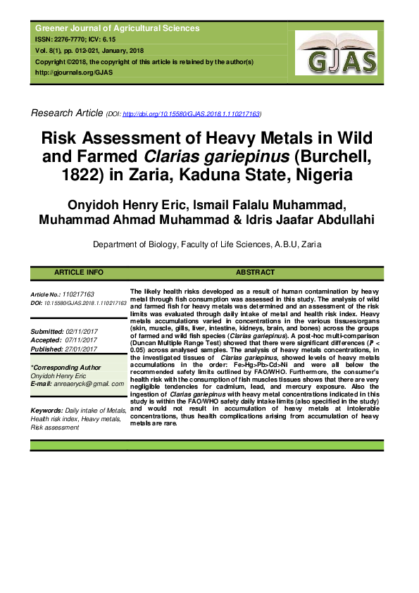 (PDF) Risk Assessment of Heavy Metals in Wild and Farmed Clarias ...
