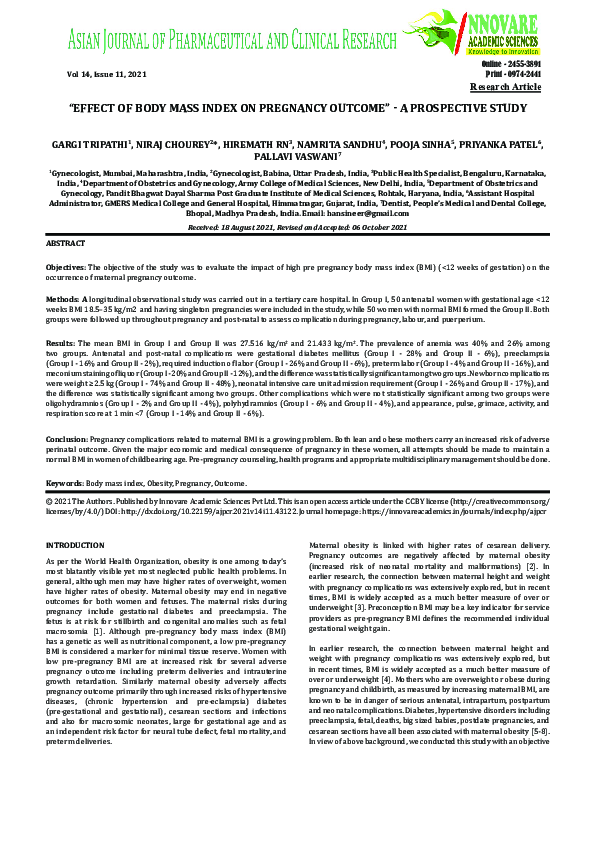 (PDF) “Effect of Body Mass Index on Pregnancy Outcome” - a Prospective ...